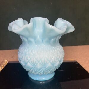 Rare Vintage Fenton Olde Virginia Blue Milk Glass Vase with Ruffled Edge